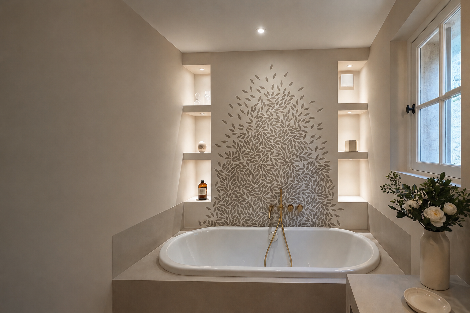 Salle de bain avec baignoire et carrelage mural